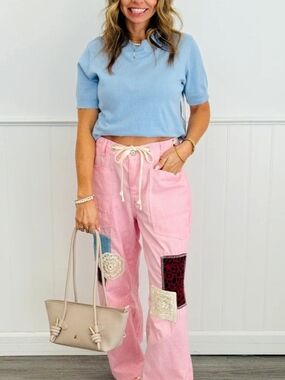 POL Pink Striped Patchwork Jeans with Drawstring Belt